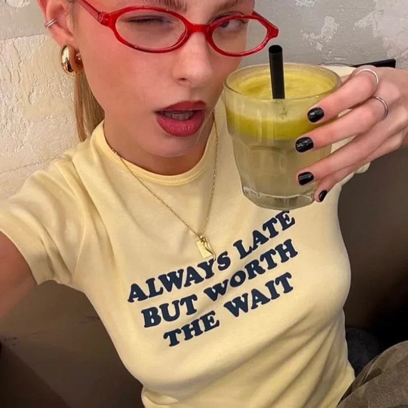 Woman Clothing Letter Print Short T-shirts Y2K Streetwear 2026 Summer O-neck Slim Fit Crop Tops Vacation Beach Tees Light Yellow