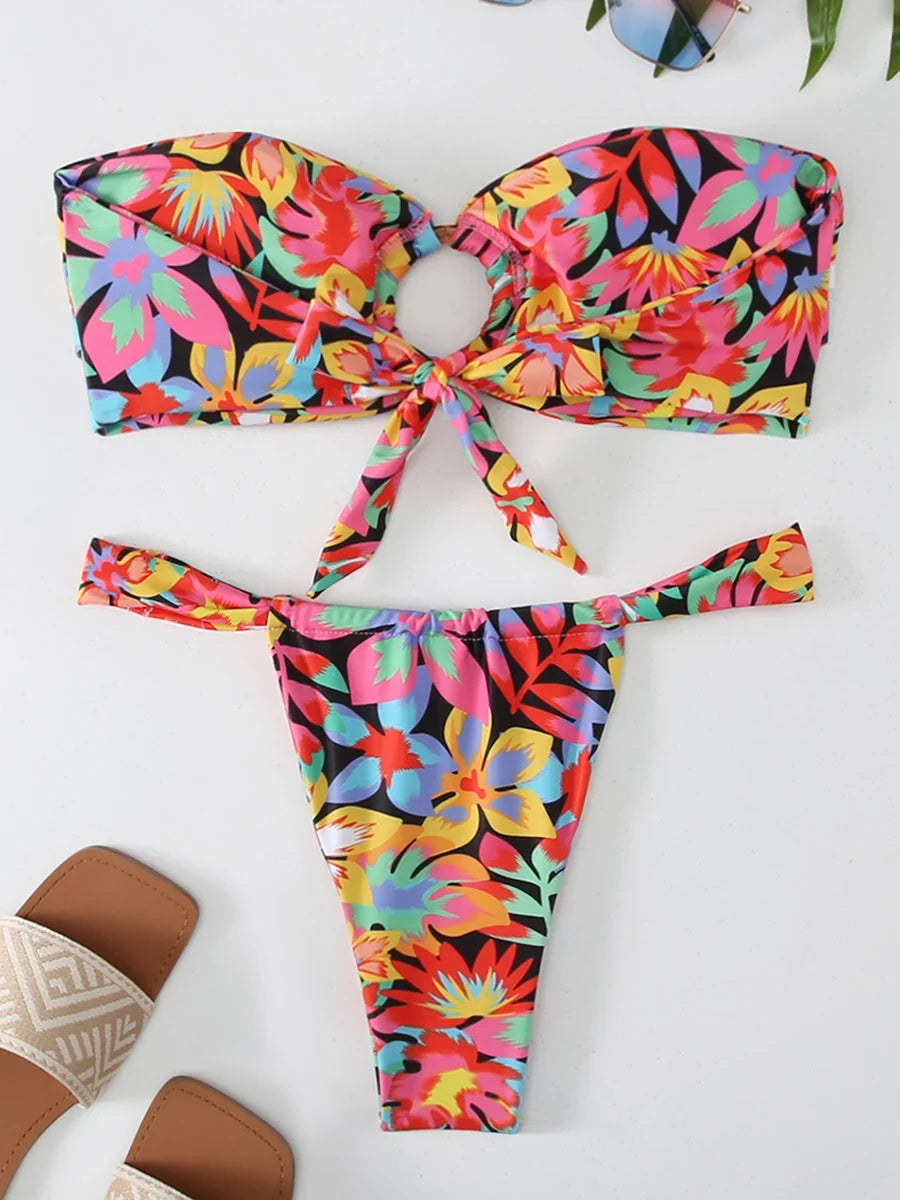 Ring Link Bandeau Bikini 2026 Floral Strappy Swimsuit Women Padded Swimwear Female Bathers Bathing Swimming Swim Suit Beachwear