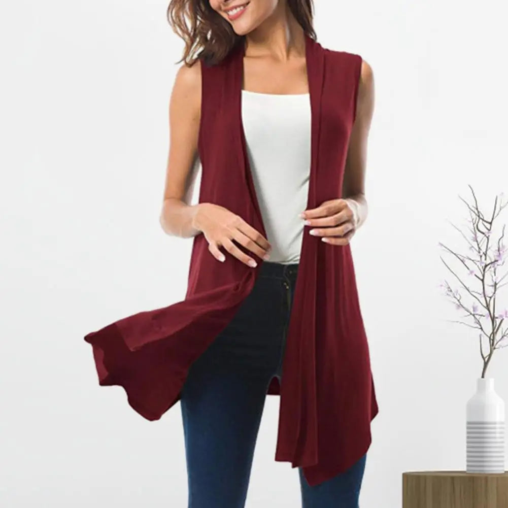 Women Sleeveless Cardigan Vest Summer Solid Color Open Front Draped Mid-length Asymmetric Hem Waistcoat Lightweight Coat