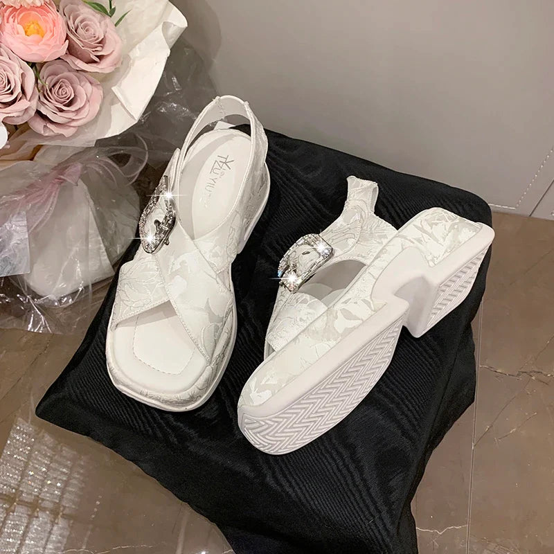 Fashion Crystal Buckle Platform Sandals Women Pink Embroidery Thick Heels Sandalias Mujer Comfortable Heightened Rome Sandals