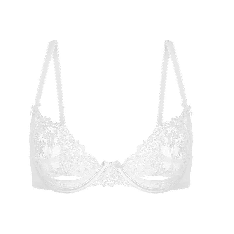 French Lace Bra & Panty Set w/Steel Rings Ultra-Thin Push-Up Bralette Small Bust Sheer White Sexy Lingerie Pure Seductive Style