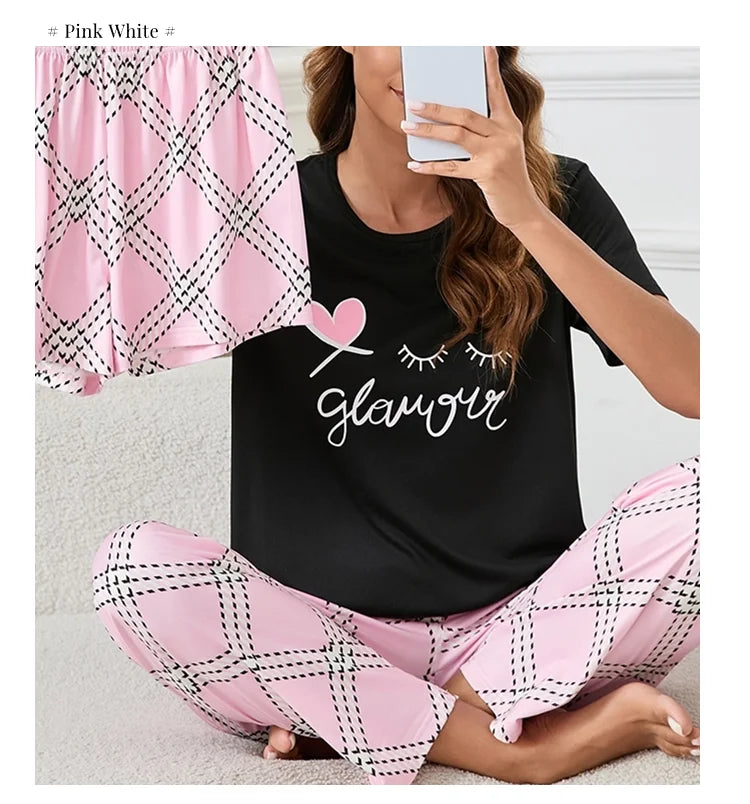 Women's Pajamas 3-Piece Set Sleepwear Home Clothes Autumn Short Sleeve Top with Shorts & Long Pants Loungewear Short Suit Pyjama