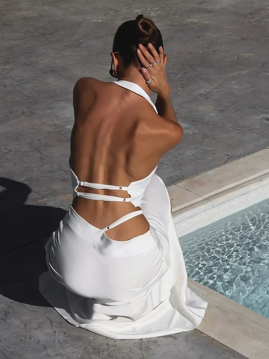 Elegant Halter Neck Backless White Tank Tops Women 2026 Summer Sexy Off Shoulder Buttons Crop Top High Street Lady Solid Vests