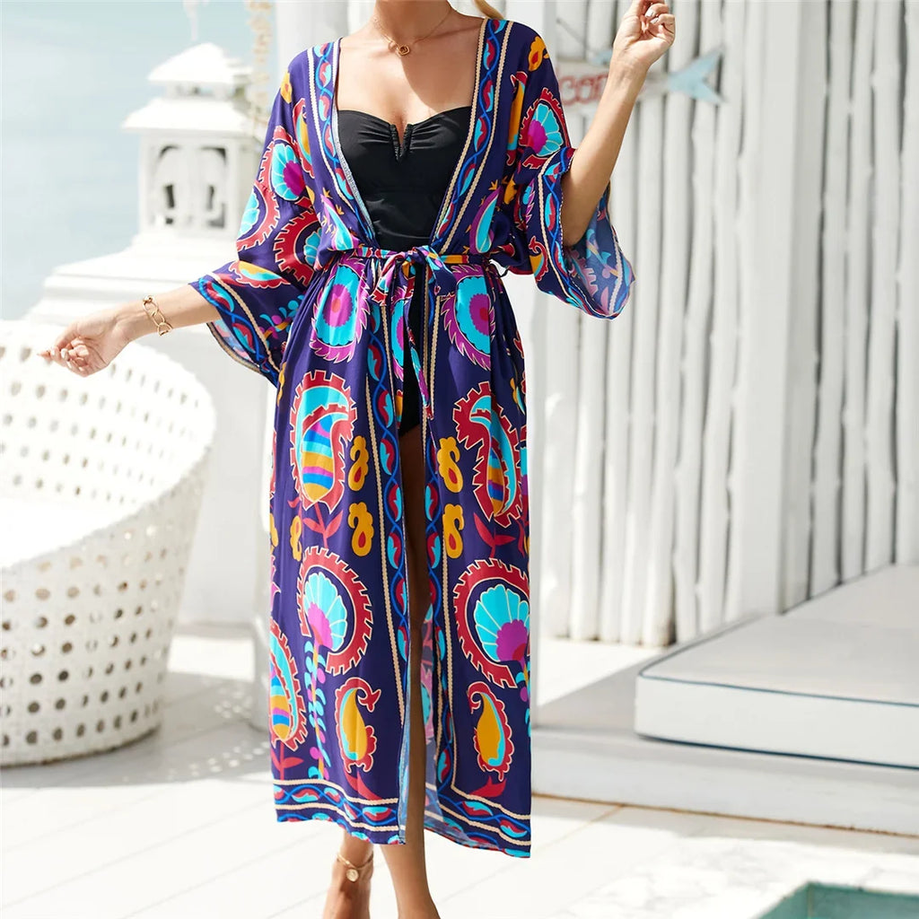 13 Colors Printed With Belt Crochet Knitted Tunic Beach Cover Up Cover-ups Beach Dress Beach Wear Beachwear Female Women K7201