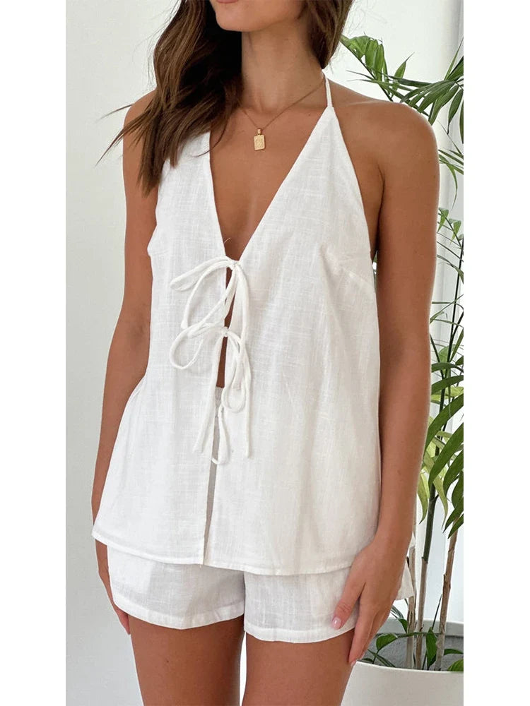 Foridol Bowknot Backless Cotton Casual Women's Suit Top+shorts Matching Set Summer Spring Beach White Set Two Piece Shorts Set