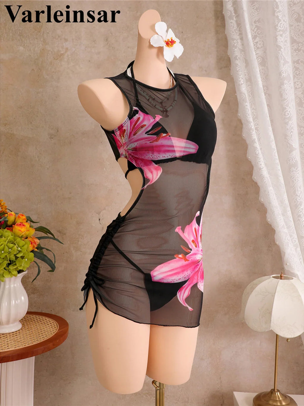 With Cover Up Flower Printed Halter Bikini Women Swimwear Female Swimsuit Three-Pieces Bikini Set Bather Bathing Suit Swim V8253