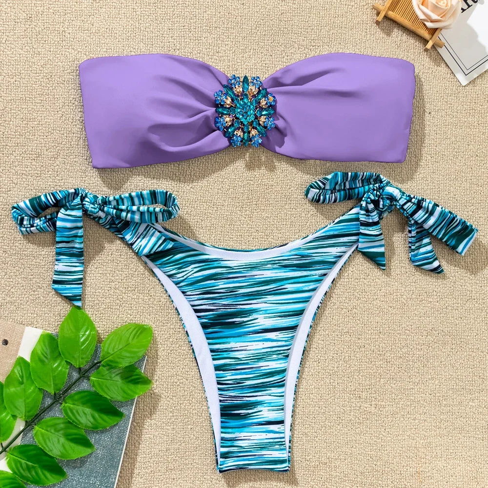Rhinestone Flower Accessories Swimsuit Women 2026 2-piece Mini Bikini Sexy Strapless Backless Bathing Suit Summer Beach Swimwear