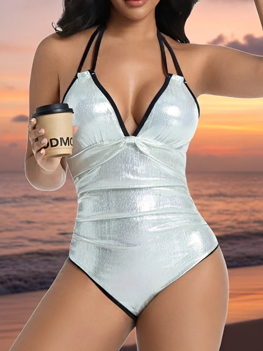 2026 V-neck Hot Stamping Monokini Swimsuit Women One Piece Hollow Swimwear Female Sexy Bathers Bathing Swimming Swim Suit Beach