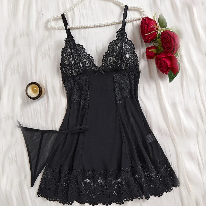 Transparent Lace Nightgown Sexy Sleepwear Female Exquisite Homewear V-neck Bra Thong Set Sleeveless Nightdress Hot Tulle Dress