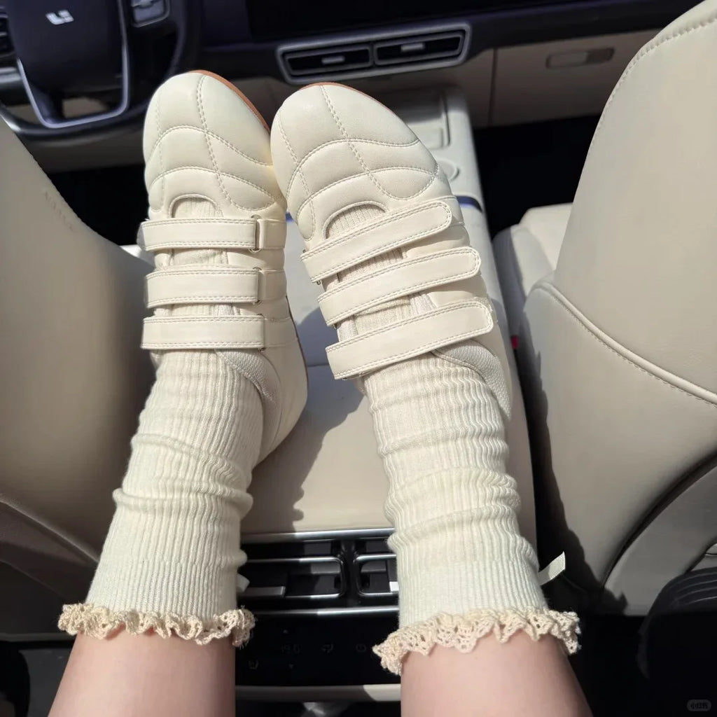 Brand Designer Comfy Walking Cream Flat Sneakers Fashion Leisure Silver Casual Shoes Women Flats Chic Black Hook&Loop Mary Janes
