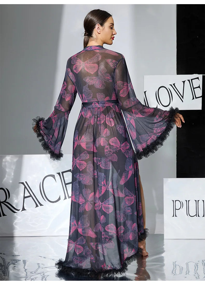 2026 New Women Elegant Butterfly Print Mesh Robe Big Flare Sleeve Lace Up Tassel Fringe High Slit Bathrobe Loungewear