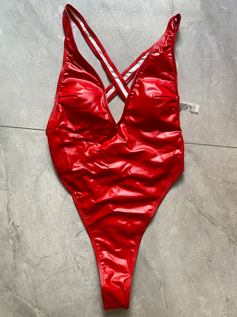 PU Leather V Neck Extreme Mini String Thong Women Swimwear One Piece Swimsuit Female Monokini Cross Backless Bathing Suit Swim