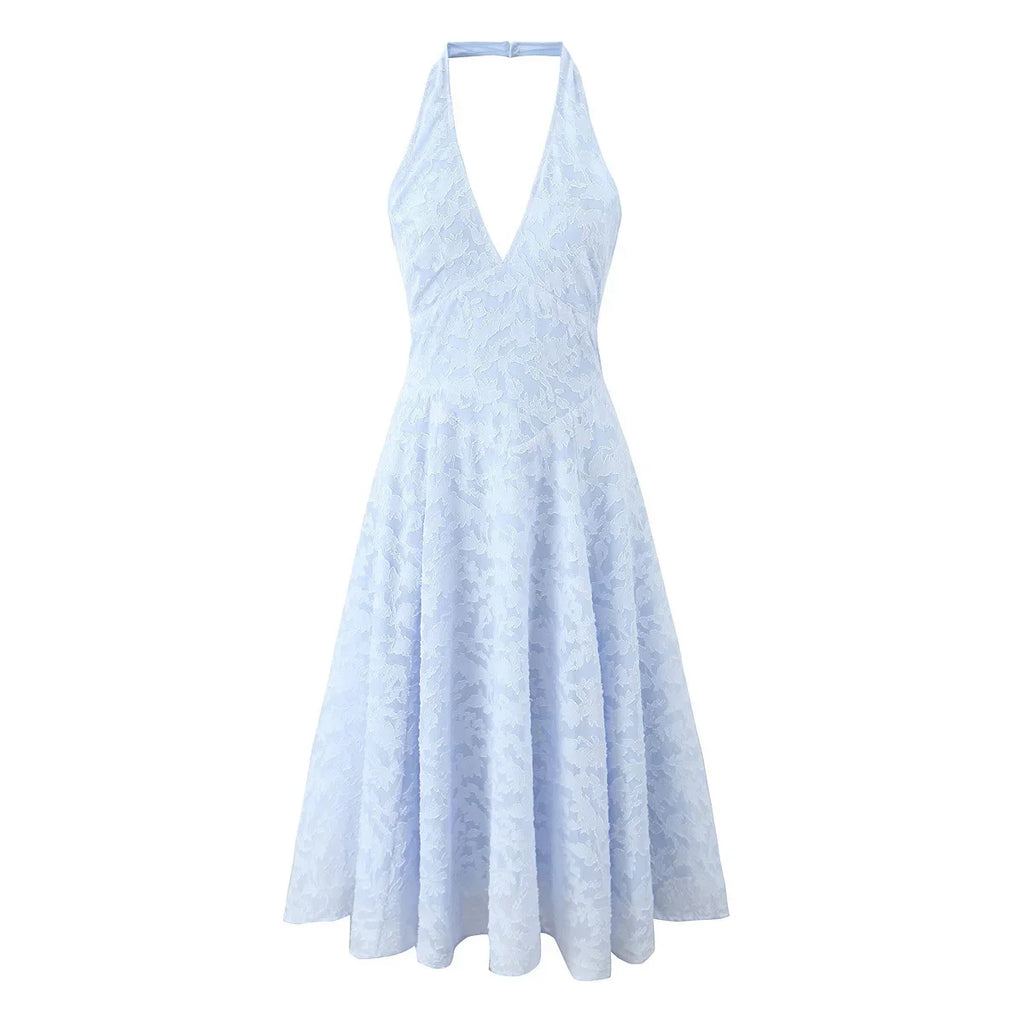 French Style Blue Jacquard Dress With French Vibe V-neck Backless Holiday Halter-neck Dress Niche Long Dress Pure Desire U633