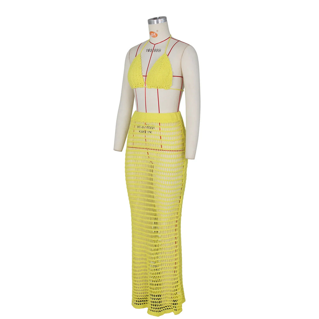 DEKA Beach Cover Up High Split Crochet Knitted Tunic Beach Dress Beach Wear Beachwear Women Long Knit Hollow Tassels Skirt Suit
