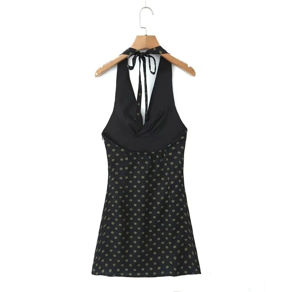 V Neck French Style Summer Women Dress Printed Boho Short Black Beach Dress Party Vintage Backless Tie Up Sexy Halter Dress 2025