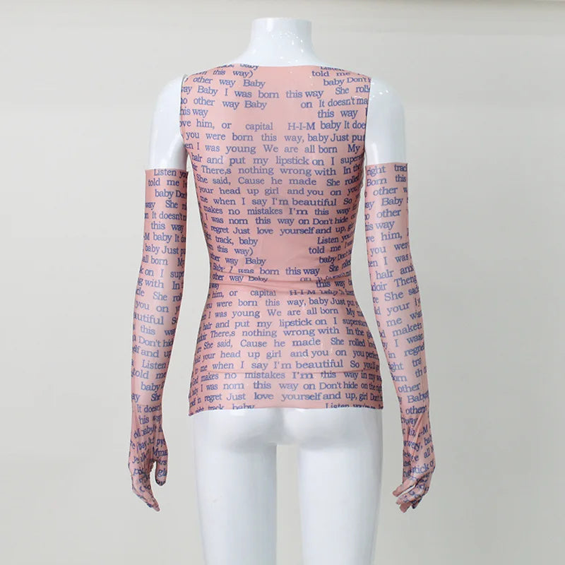 AHAgaga Sexy Tee T-shirt Women 2025 Summer Casual Letter Print Skinny See Through With Gloves Cropped Shirts Women Female Blusas