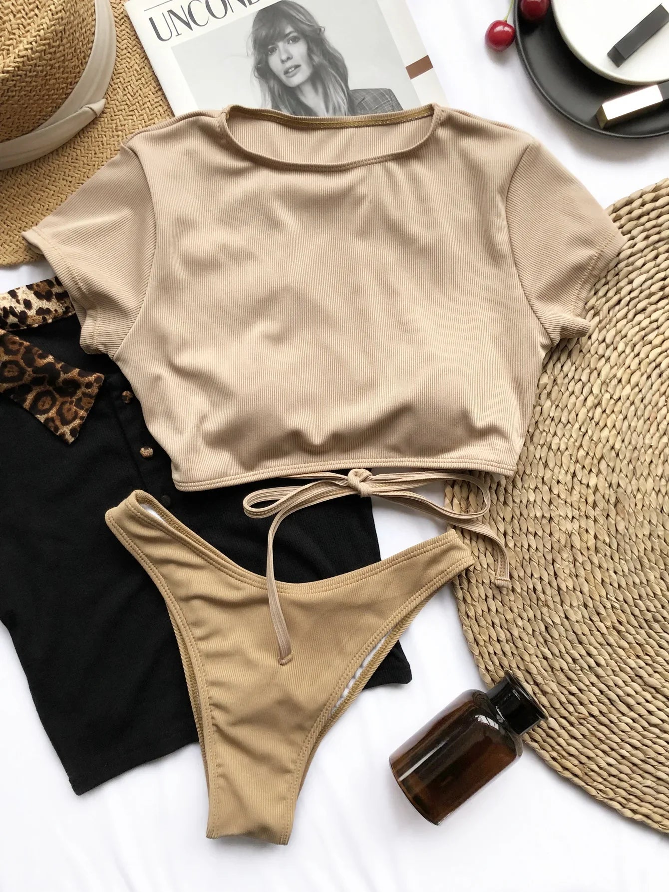 Sexy Bikini Women 2-Piece Swimwear Swimsuit Backless Solid Short Sleeve Female Beach Bikinis Set Bathing Suit Banadores Mujer