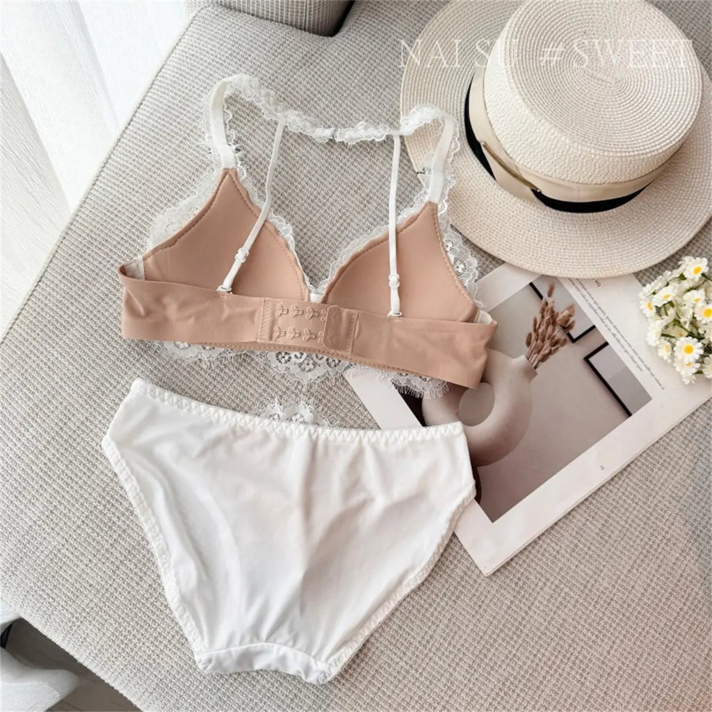 Deep V Halter Neck Bra Set French Style, Lace Push Up Bralette for Small Chest, Sexy Wireless Triangle Bra Set MOYISU Sexy Tushy