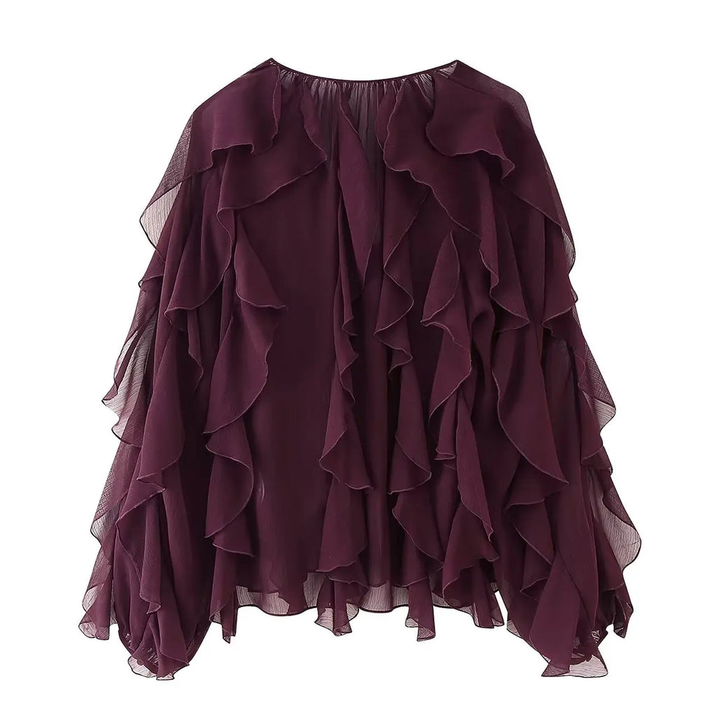 Foridol Ruffles Tiered V Neck Blouse Women Summer Spring Long Sleeve Casual Blusa Chiffon Blouses Buttons New in Female Top 2025