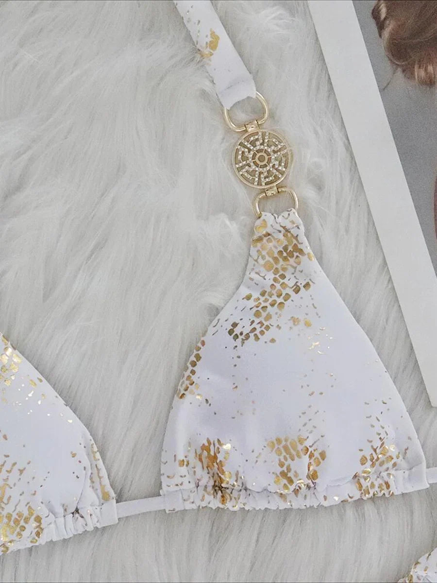 Snake Print Halter Diamond Bikini 2025 Women Swimwear Female Swimsuit Two-piece Bikini Set High Cut Bathing Suit Swim Beach Wear