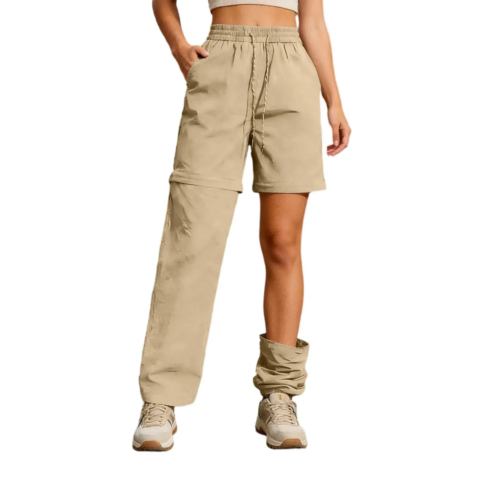 Women's Casual Waterproof Hiking Pants Loose Fit Zip Off Convertible Shorts High Waist Drawstring Wide Leg Pants With Pockets