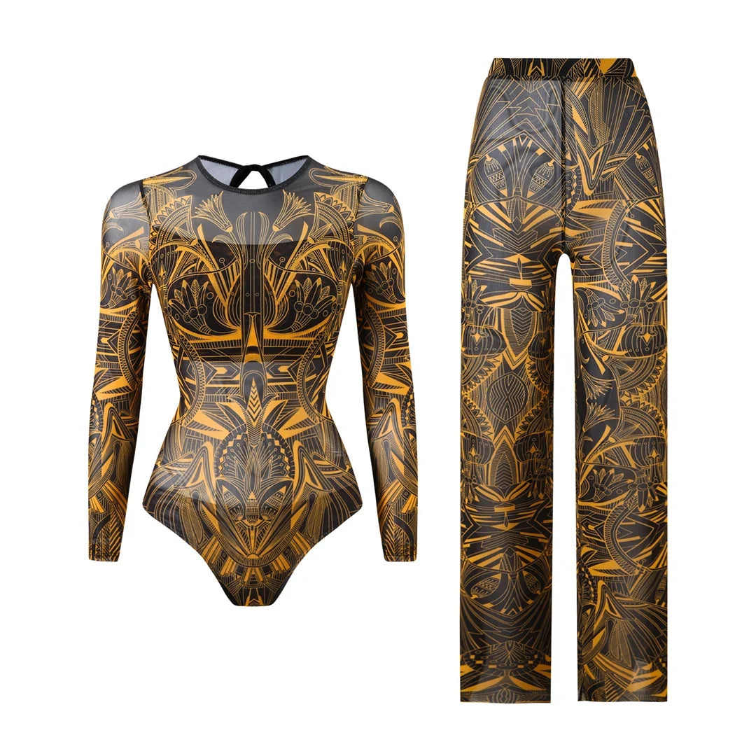 S - XXL New Printed Long Sleeve With Pants Women Swimwear One Piece Swimsuit Female Floral Padded Bather Bathing Suit Swim V7176