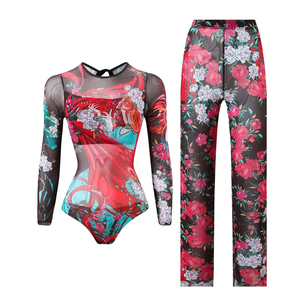S - XXL New Printed Long Sleeve With Pants Women Swimwear One Piece Swimsuit Female Floral Padded Bather Bathing Suit Swim V7176
