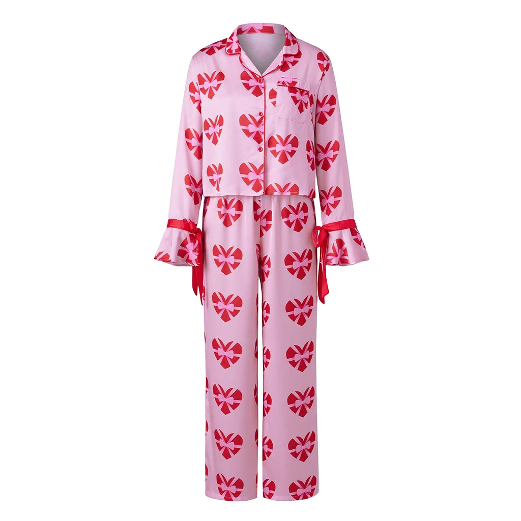 Women 2025 Heart Print Pajama Set Long Sleeve Button-up Tops and Pants 2 Piece Valentines Day Sleepwear Outfit