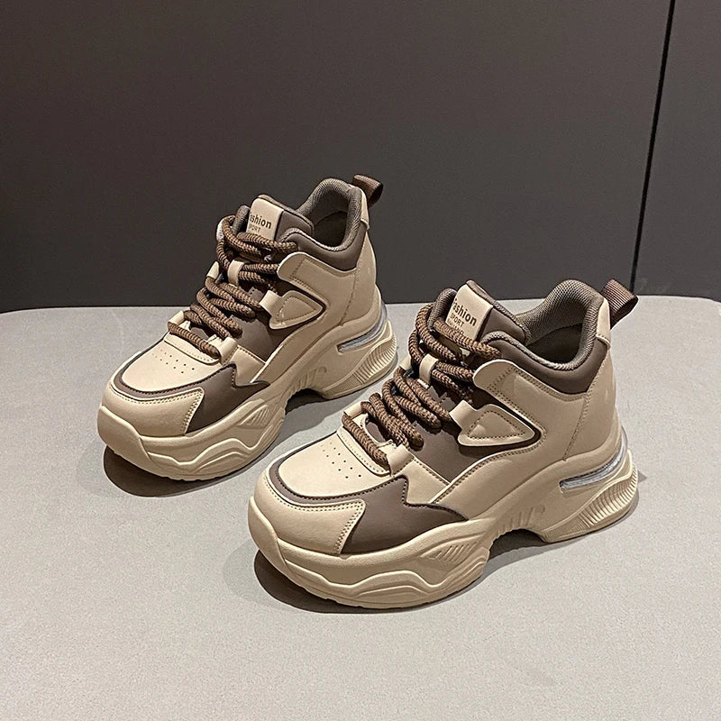 Chunky Platform Women Sport Sneaker Lace-Up Thick Bottom Vulcanize Shoes Woman Spring Autumn Pu Leather Breathable Running Shoes