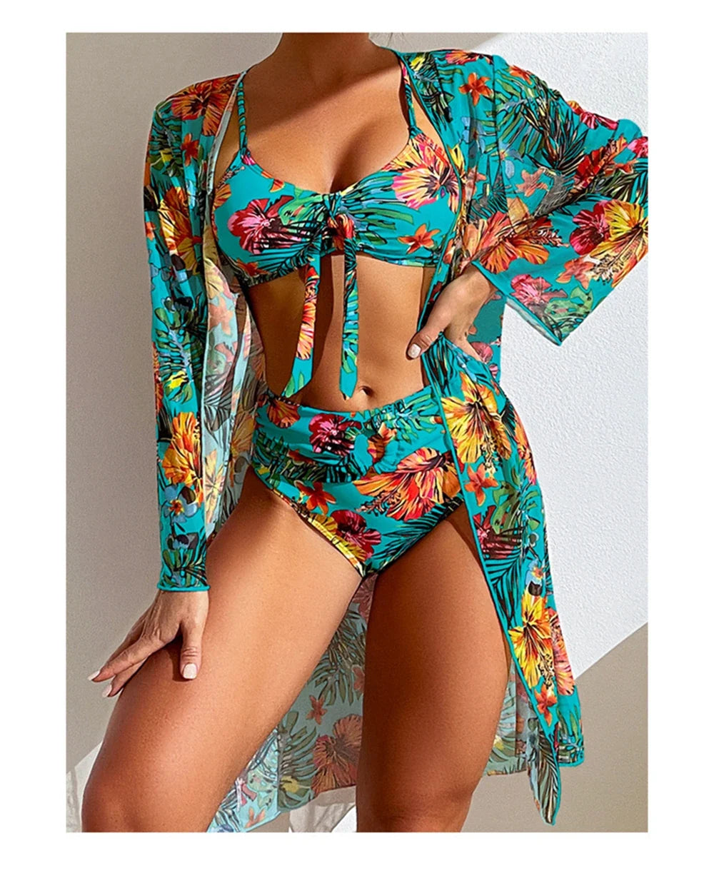 Sexy High Waisted Bikini 3 Pieces Floral Printed Swimsuit Size 3XL-S Women Bikini Set With Mesh Long-Sleeved Blouse Super Sales