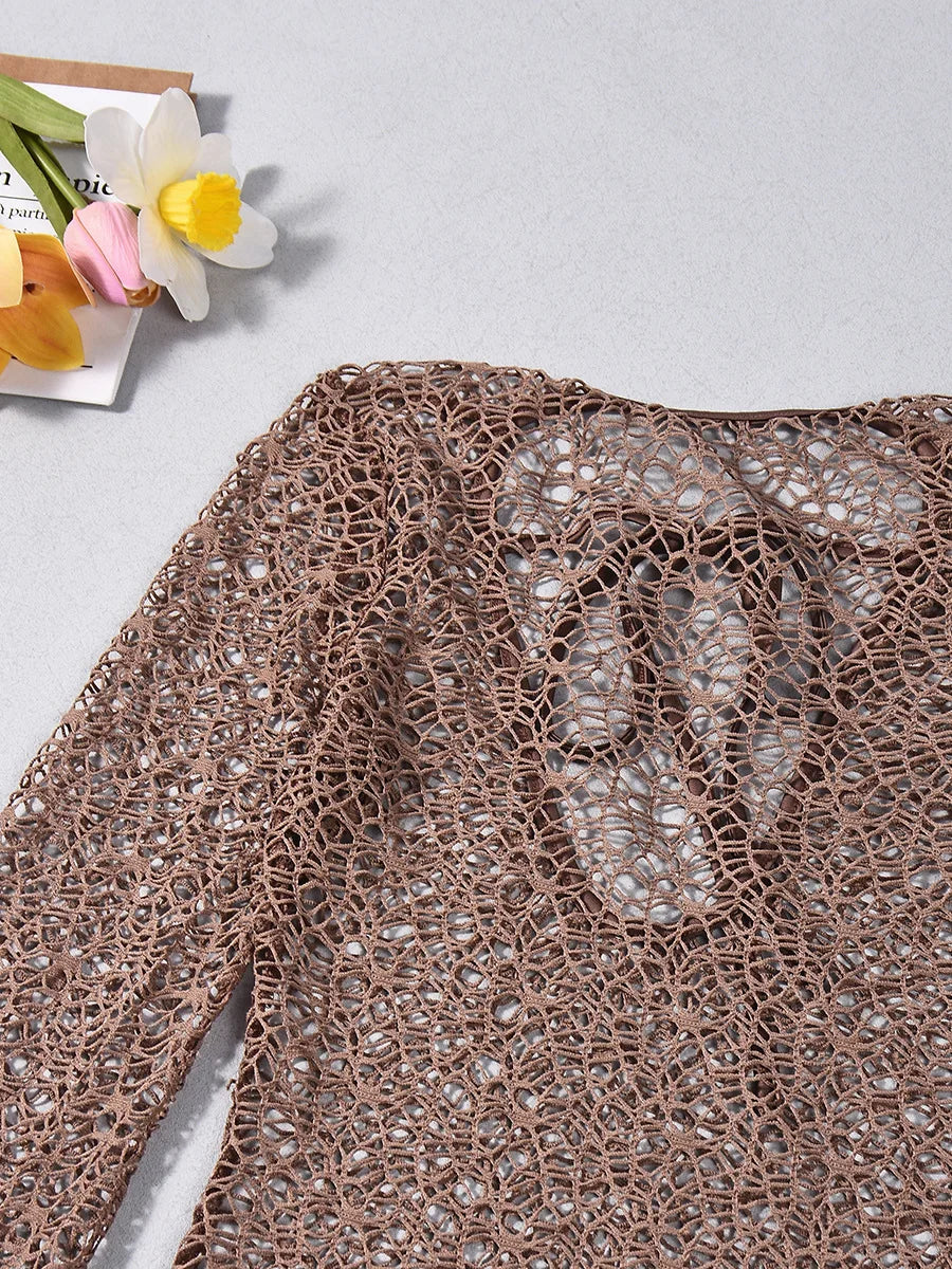 Sexy hollow bikini swimsuit cover-up European and American summer solid color beach dress