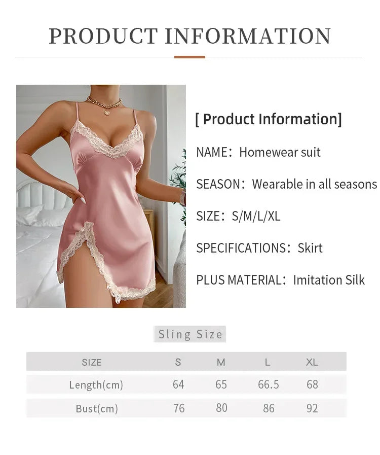 Summer Sleepwear Contrast Lace Silk Satin Nightdress for Women Deep V Backless Lace Up Split Slip Sleep Dress Nightgown