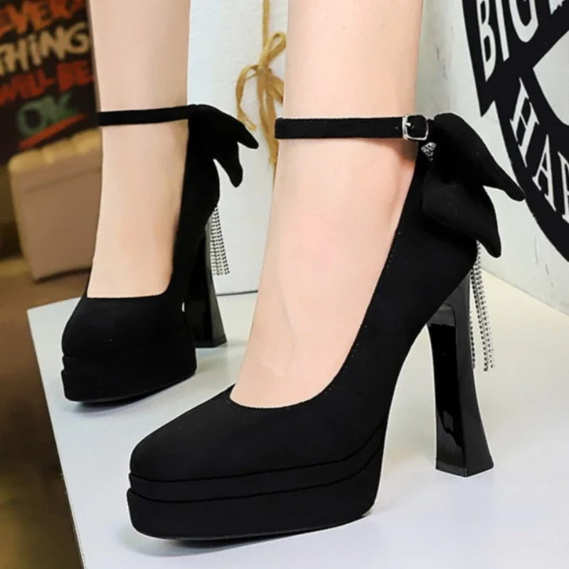 BIGTREE Women's Pointed Toe High Heels Back Bowknot Elegant Flock Ankle Strap Pumps for Women Black Dress Shoe Wedding Party