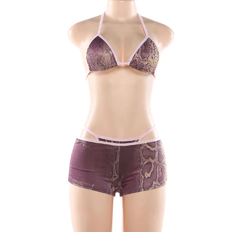 2026 New Women's Euro-American Hot Girl Halter Tie Bikini 3-Piece Set Printed Beach Swimsuit Cover Up Top Bottom