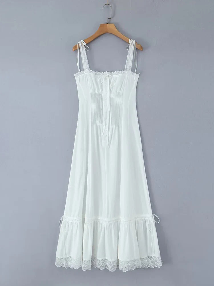 Summer Womens White Dresses Spaghetti Strap New in Long Dress 2025 Beach Casual Midi Party Vestidos Single Breasted Lace Dress
