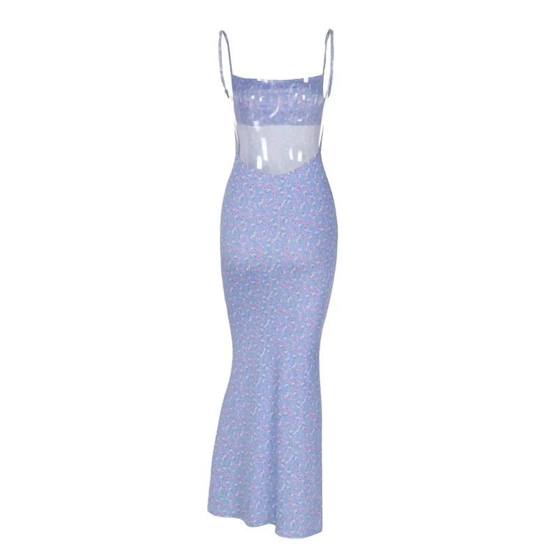 Women's Summer Sexy Bodycon Dress Spaghetti Strap Sleeveless Backless Slim Fit Floral Printed Long Dresses