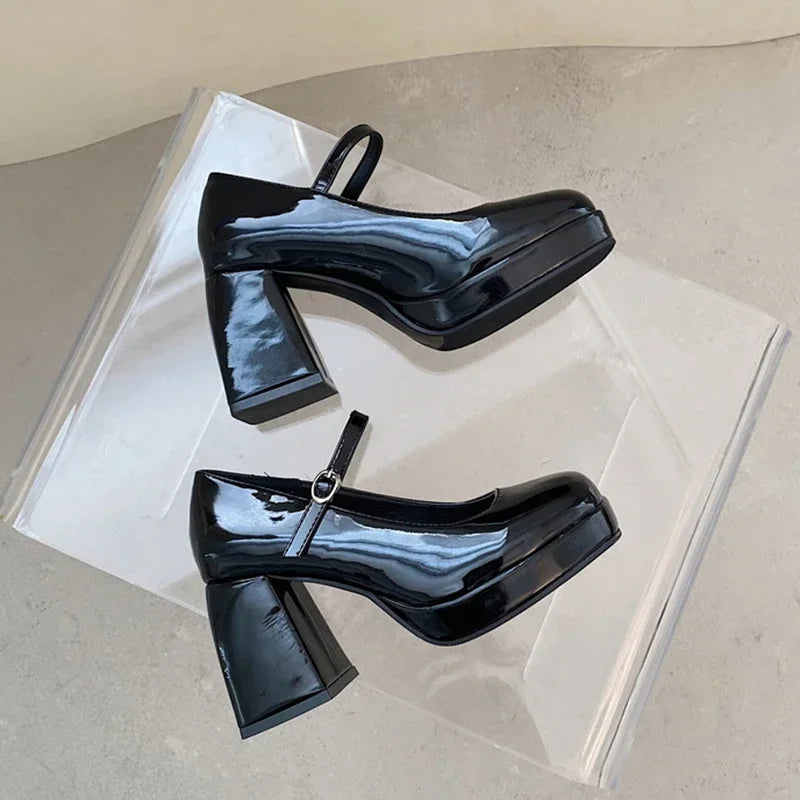 Patent Leather High Heel Mary Jane Shoes Women Elelgant Buckle Strap Platform Pumps Woman Chunky Heels Punk Lolita Shoes Female
