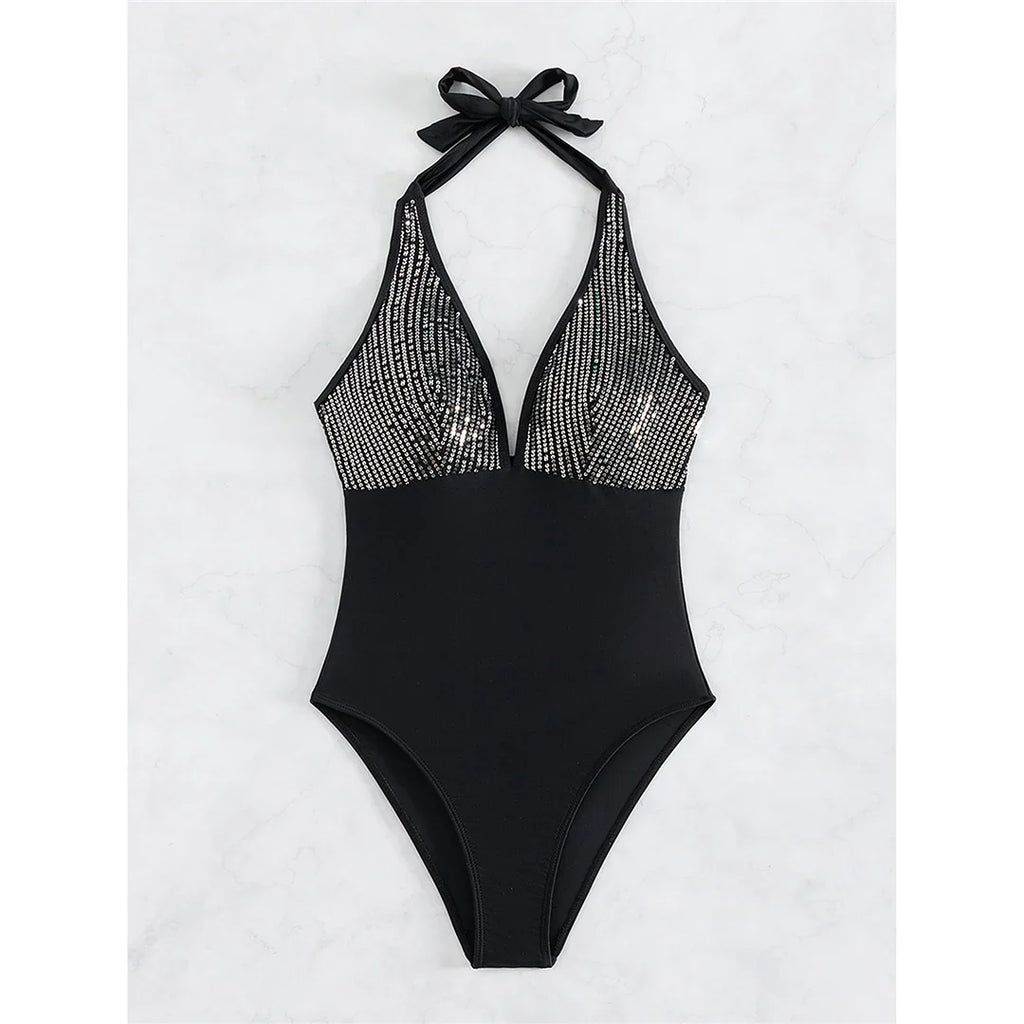 Sexy Shiny Sequins Deep V Backless Monokini Halter Women Swimwear One Piece Swimsuit Female Bather Bathing Suit Swim Lady K4996