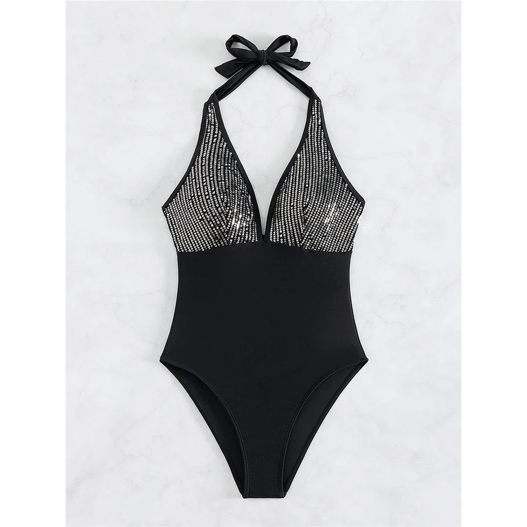 Sexy Shiny Sequins Deep V Backless Monokini Halter Women Swimwear One Piece Swimsuit Female Bather Bathing Suit Swim Lady K4996