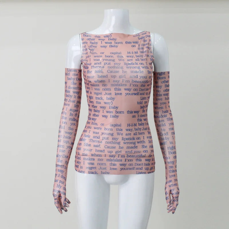 AHAgaga Sexy Tee T-shirt Women 2025 Summer Casual Letter Print Skinny See Through With Gloves Cropped Shirts Women Female Blusas