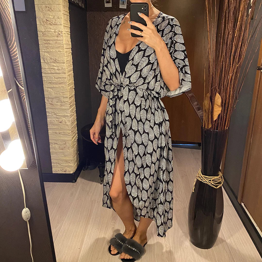 7 Colors Leaves Printed With Belt Half Sleeve Tunic Beach Cover Up Cover-ups Beach Dress Beach Wear Beachwear Female Women V4511