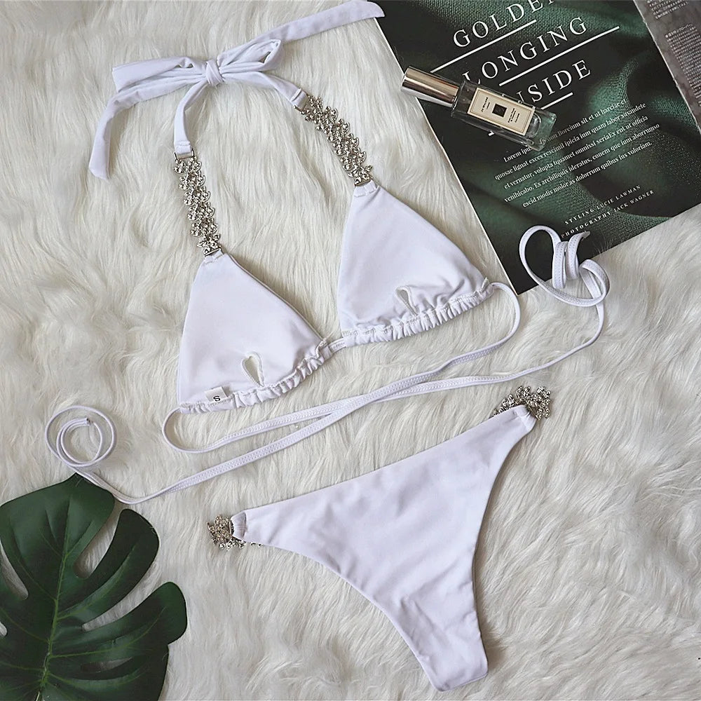 2026 Sexy Bikini Women Solid Halter Rhinestone Chain Bandage Swimwear Swimsuit Female Beach Bikinis Set Bathing Suit White/Black