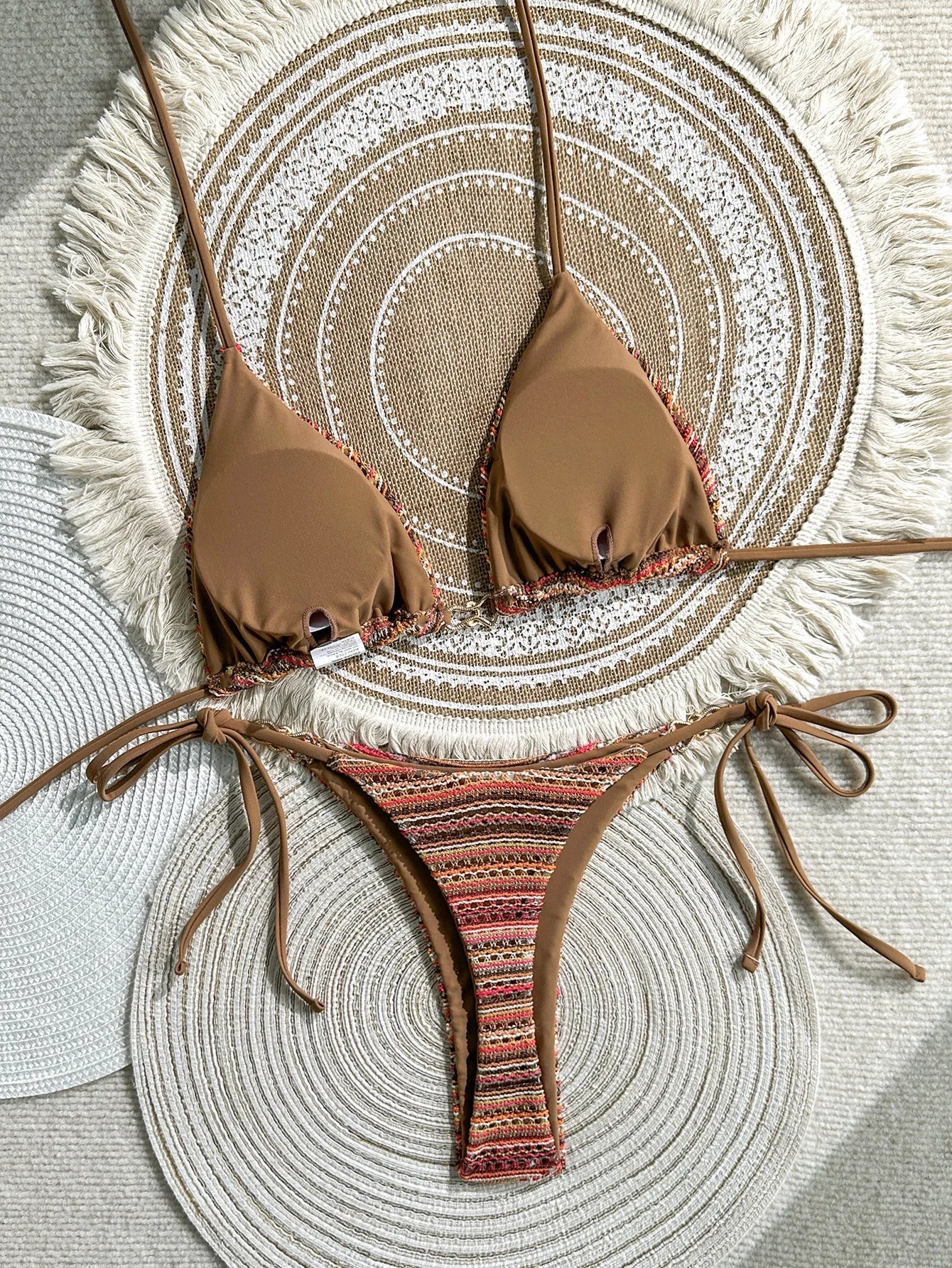 Sexy Coffee Striped Micro Bikini Set 2026 Women Halter Push Up Bra Bandage Thong Swimsuit Summer Bathing Suit Holiday Swimwear