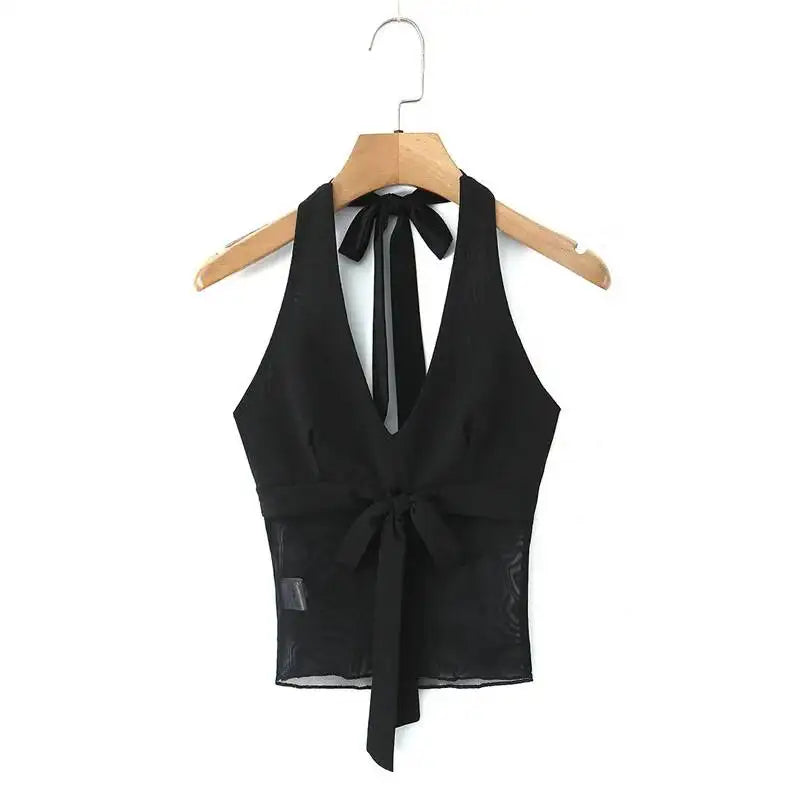 Vietnamese Sexy Halter Neck Strap Tank Top Feminine Mesh Transparent Slim Fit Large Open Back Short Camisole Top Casual RUKJ