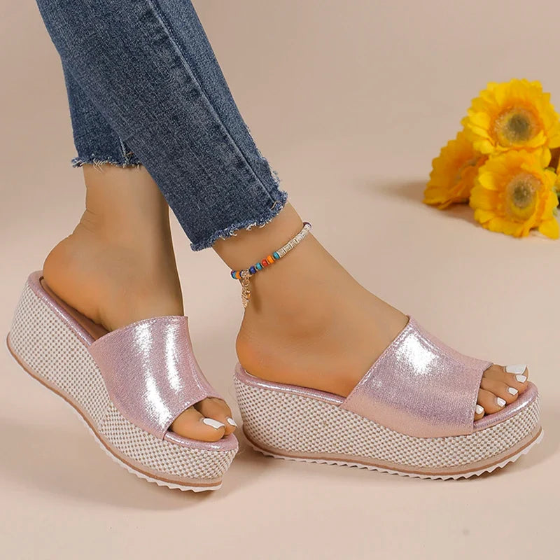 2025 Summer Chunky Platform Slippers for Women Pu Leather Wedges High Heel Sandals Woman Plus Size 36-43 Beach Sandles Female