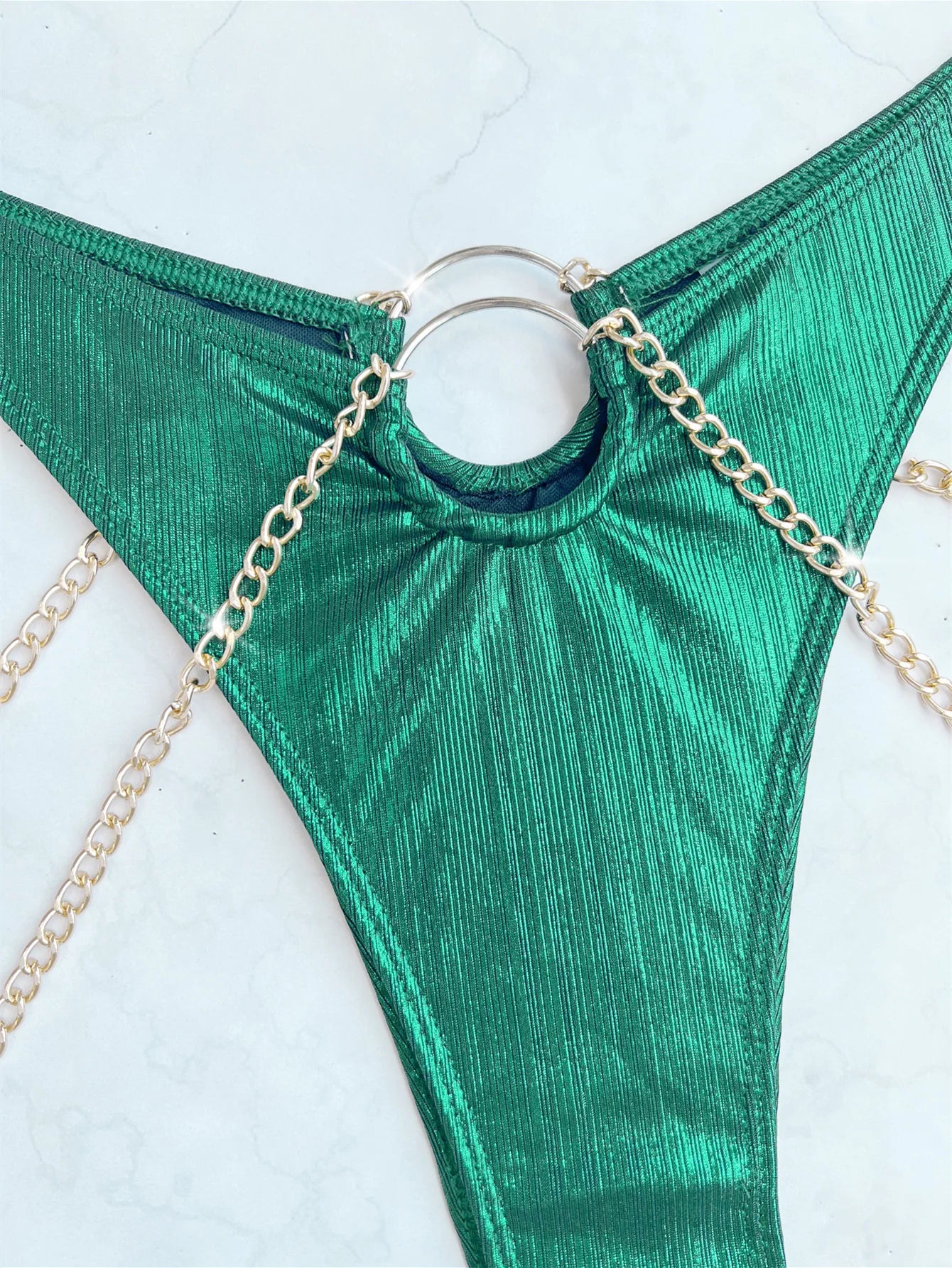 sexy metallic green bandeau bikinis sets two pieces metal chain high waist thong swimsuit bathing suit swimwear biquini bakini