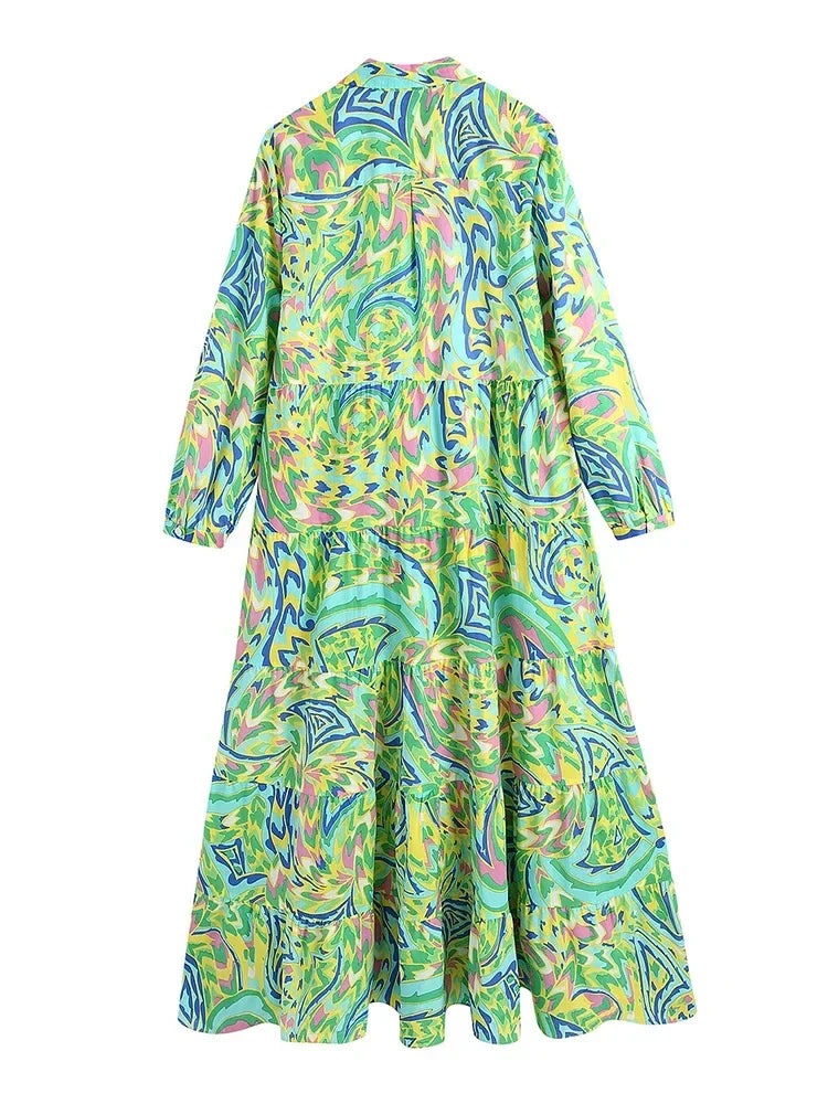 Foridol Paisley Print Shirt Dress Elegant Autumn Spring Green Dress Floral Print Boho Female Maxi Dress Long Sleeve Vestido 2025