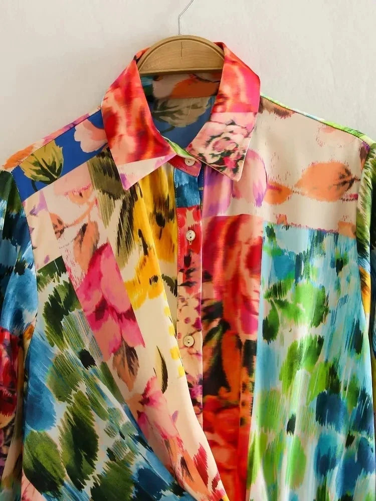 Foridol Floral Boho Tie Dyed Summer Long Sleeve Romper Playsuit Overall Beach Button Shirt Spring Wide Leg Romper Jumpsuit