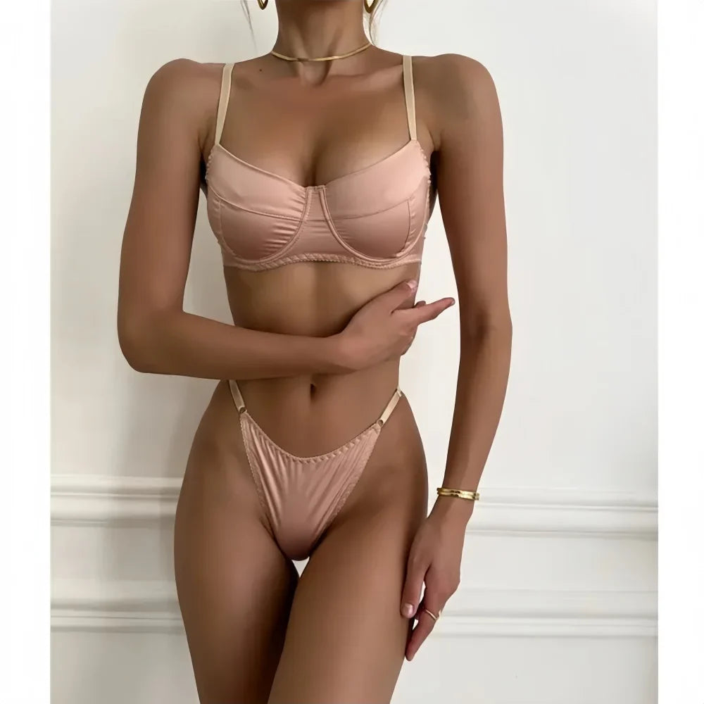 2 Pcs Sexy Bra Set Women Underwear Underwire Push Up Satin Patchwork Bras and Thongs Suits Attractive Bilizna Intimate Set