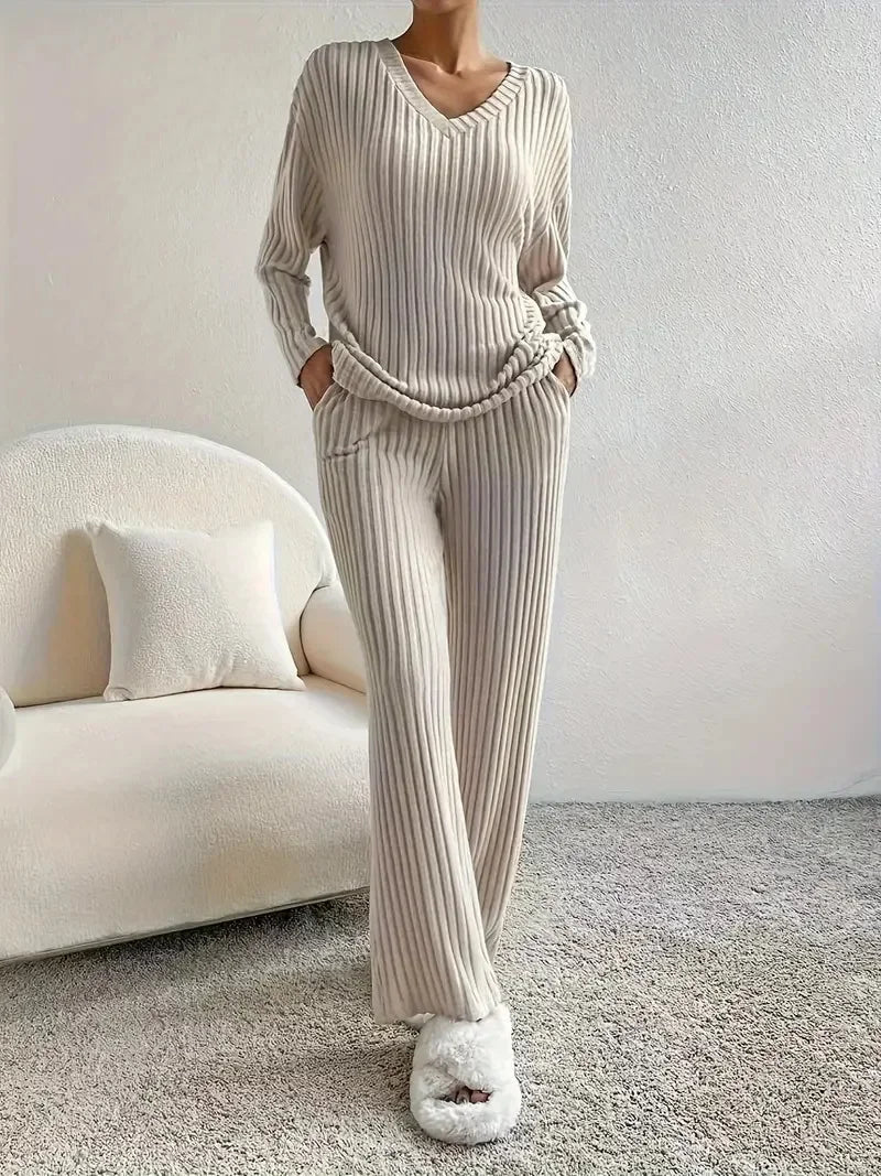 Autumn and Winter Casual V-neck Pocket Striped Knited Tops and Long Trousers Two-piece Sets, Women's Pajamas Set Sleepwear
